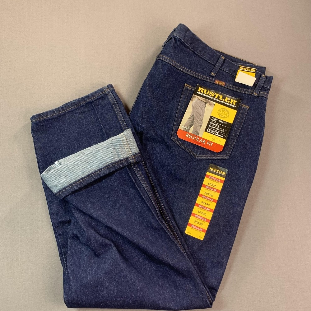 NEW Rustler Jeans Mens 50x30 Big & Tall Blue Regular Fit Straight Leg Denim